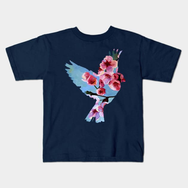 bird with flowers Kids T-Shirt by inkbender2017